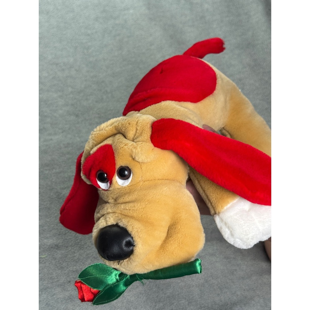Vintage Valentine Plush Puppy Dog with Rose Tan Red Heart Eye 14 Inch